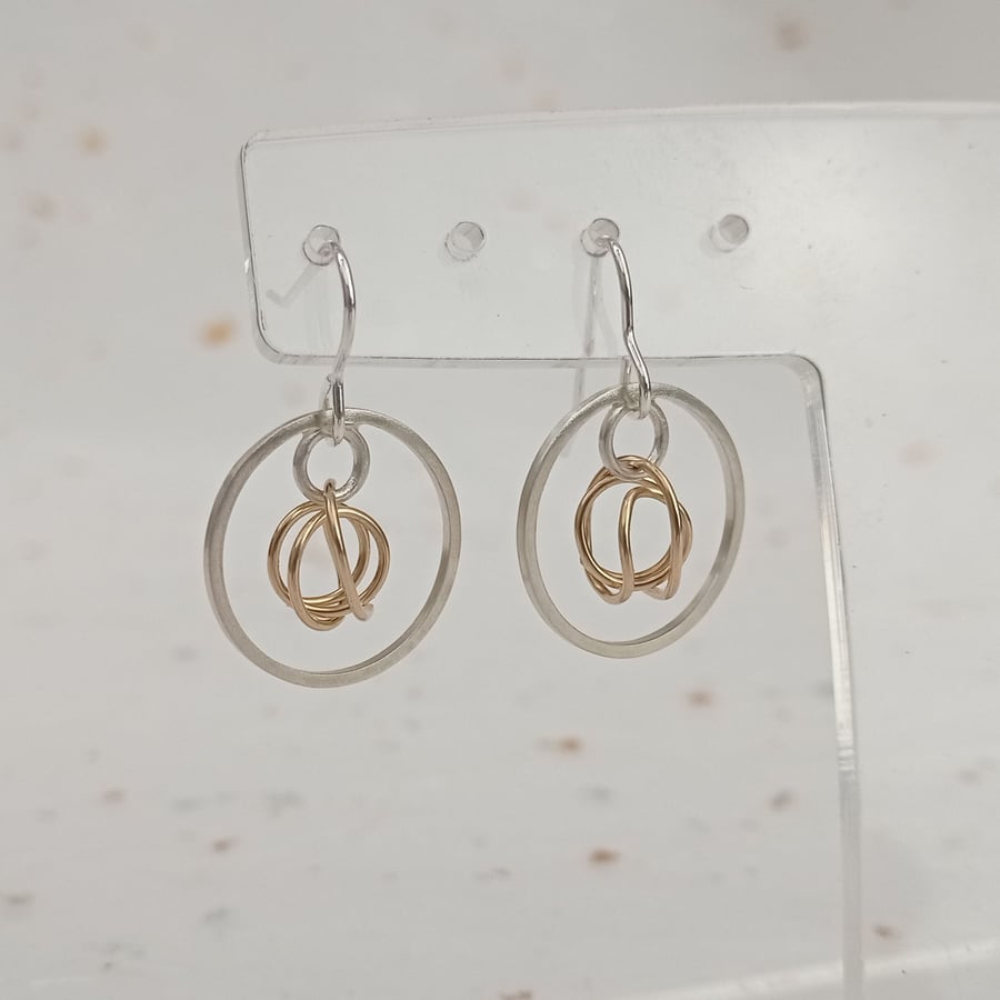 sterling silver circle & gold filled wire earrings - handmade drop earrings