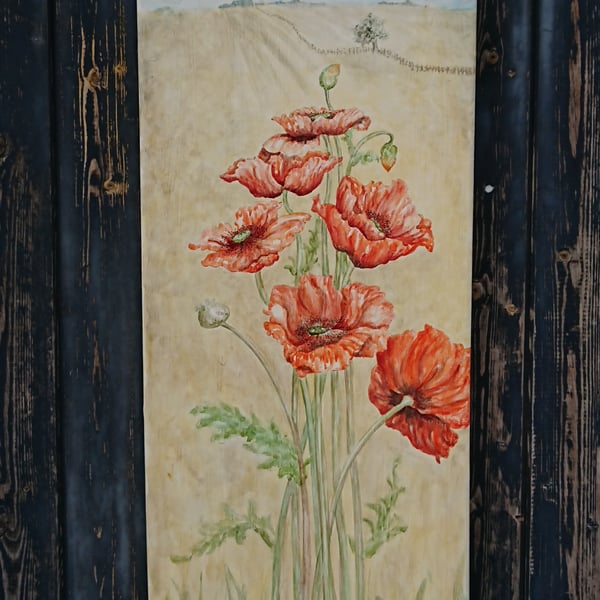 Red poppy painting on vertical narrow canvas. Norfolk field and sky views.