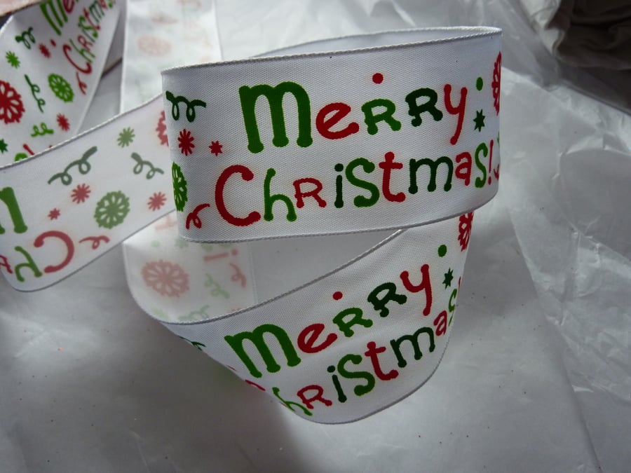 1 Metre Wire Edged Ribbon 38mm Merry Christmas