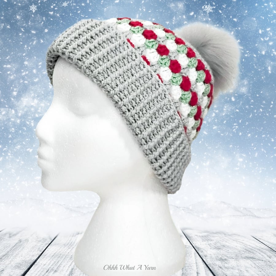 Crochet hat, beanie. Grey red green white granny stitch pom pom hat. Ladies hat.