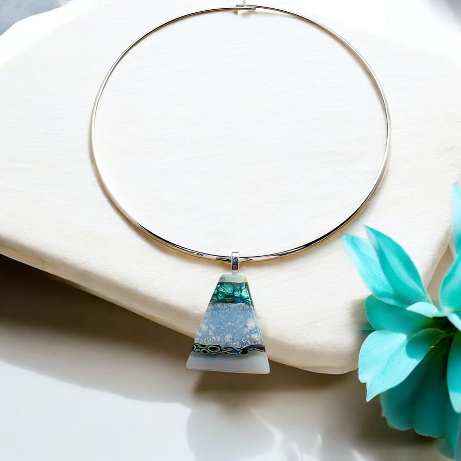 Fused Glass 'Glacier Mountains' Necklace, Pendant Silver Leaf