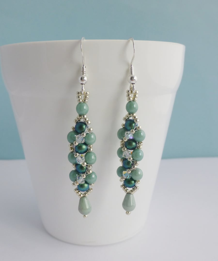 Long Green Glass Beaded Drop Earrings with Crystals