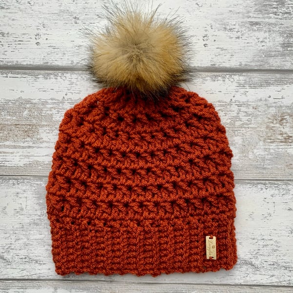 Handmade copper burnt orange crochet beanie hat with faux fur pompom