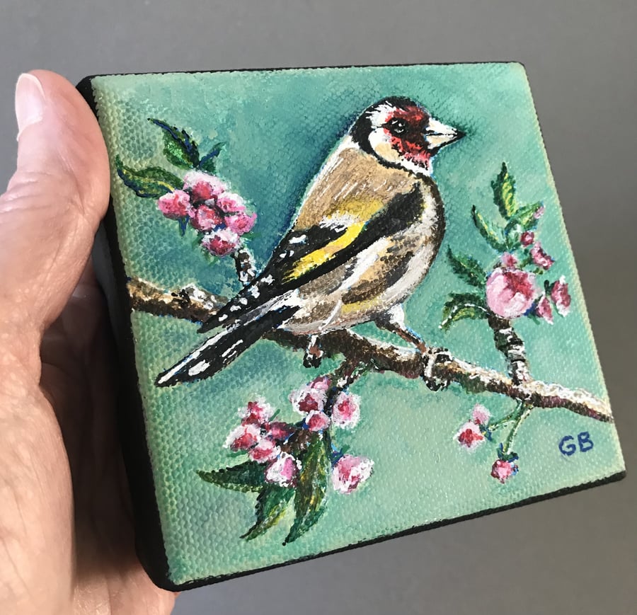 'Goldfinch', Original Acrylic Painting, Shelf Art, Special Gift, Christmas Gift.