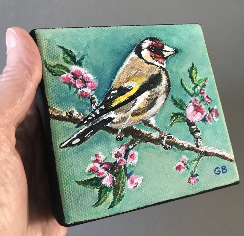 'Goldfinch', Original Acrylic Painting, Shelf Art, Special Gift, Christmas Gift.