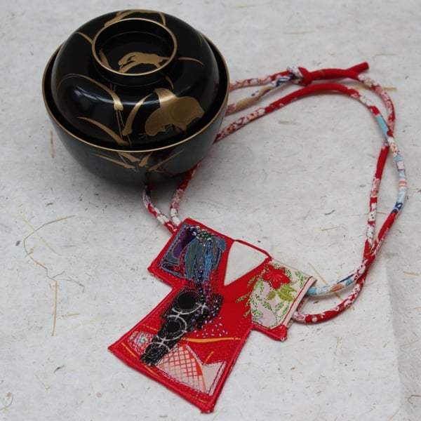 Textile Art Kimono Pendant Neck Piece