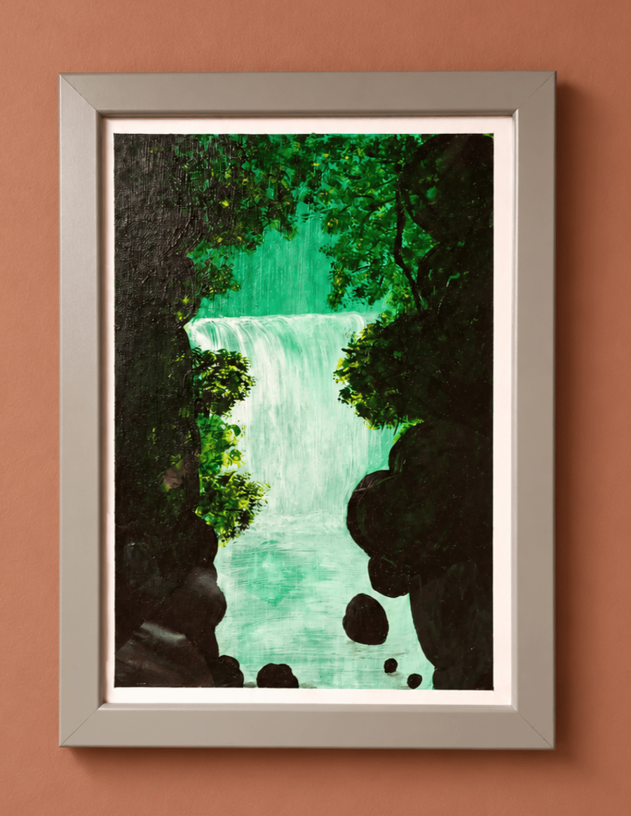 Original Framed Waterfall Acrylic Painting - Emerald Falls - Woodland Art