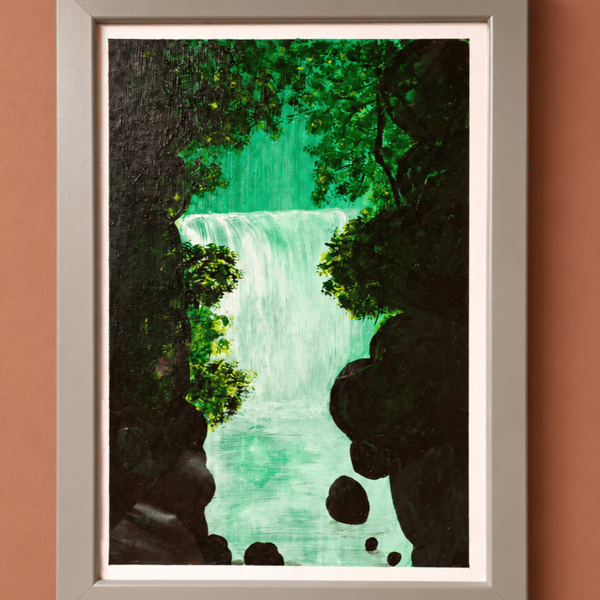 Original Framed Waterfall Acrylic Painting - Emerald Falls - Woodland Art