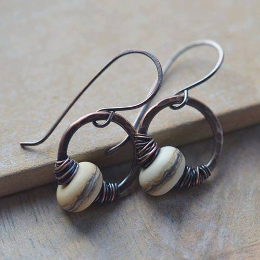 Cream Lampwork Glass Bead and Copper Earrings