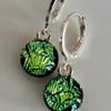 Sparkly Emerald Dichroic fused glass Earrings - with 925 stamped Silver hoops