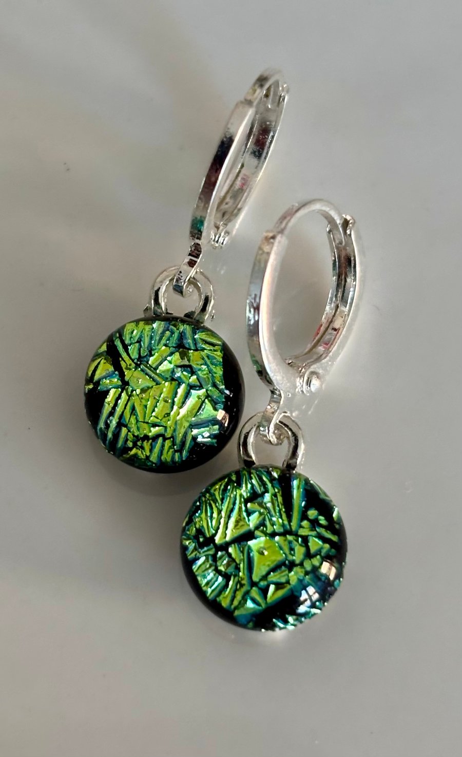 Sparkly Emerald Dichroic fused glass Earrings - with 925 stamped Silver hoops