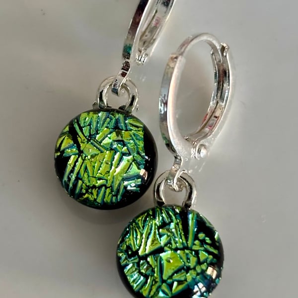 Sparkly Emerald Dichroic fused glass Earrings - with 925 stamped Silver hoops