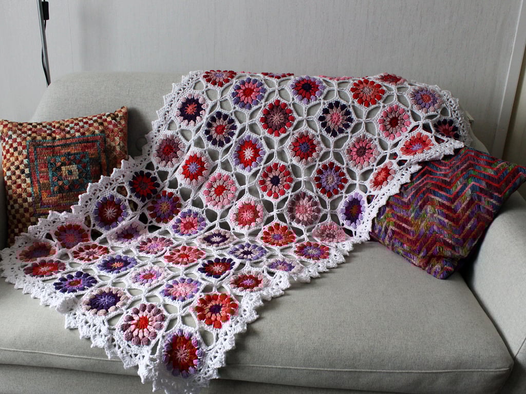 Crochet cotton throw blanket in white and pink purples - one-of-a-kind
