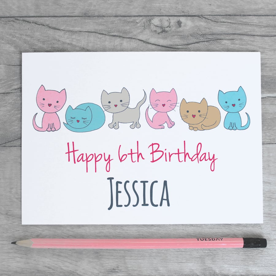 Cat Personalised Birthday Card, Girls 1st, 2nd, 3rd, 4th, 5th, 6th, 7th Card