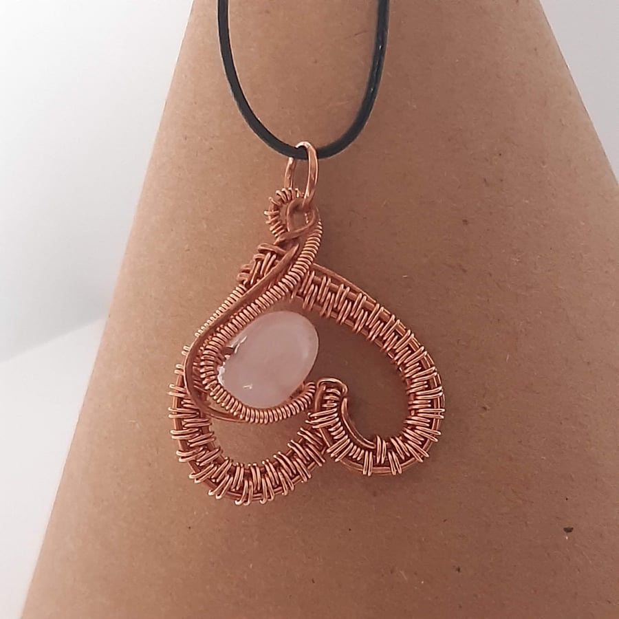 Copper and rose quartz gemstome heart shaped pendant