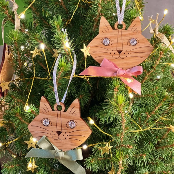 Monty Hanging Cat Decoration in Red Oak with Crystal Eyes & Satin Ribbon