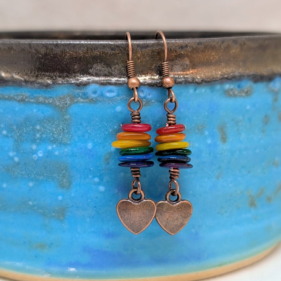 Rainbow chip earrings with copper heart charm
