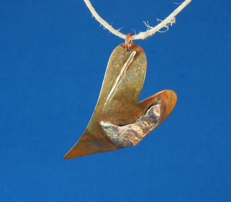 Pendant Heart Like a Bird Copper and Silver 