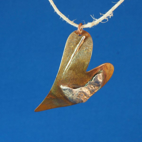 Pendant Heart Like a Bird Copper and Silver 