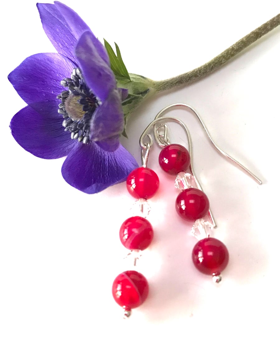 Sterling Silver Pink Agate and Crystal Earrings