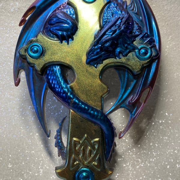 Blue Chameleon Dragon with Gold Cross Lg Resin  Fridge Magnet or wall hanging.
