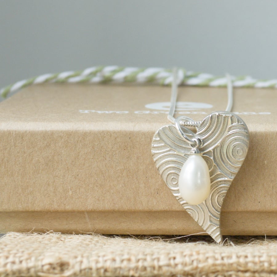 Silver Necklace with a Contemporary Heart charm and Freshwater Pearl