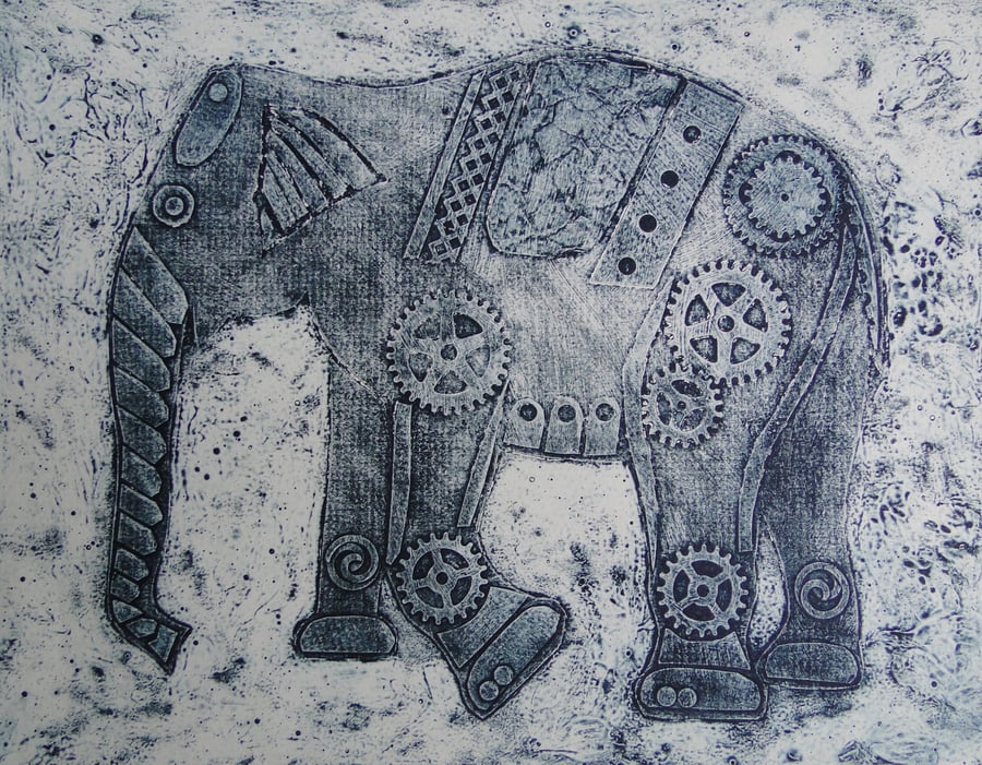 Steampunk Elephant Limited Edition Original Collagraph Print Art 