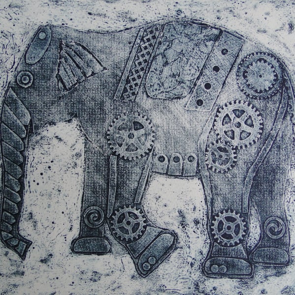 Steampunk Elephant Limited Edition Original Collagraph Print Art 