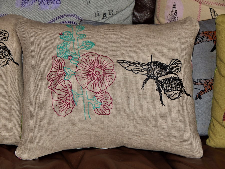 Herringbone cotton- Bee and Hollyhock - Screen printed cushion. 33cm x 26cm