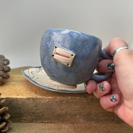 Handmade ceramic tea cup set, map design, Darlington teacup, pottery teacup 