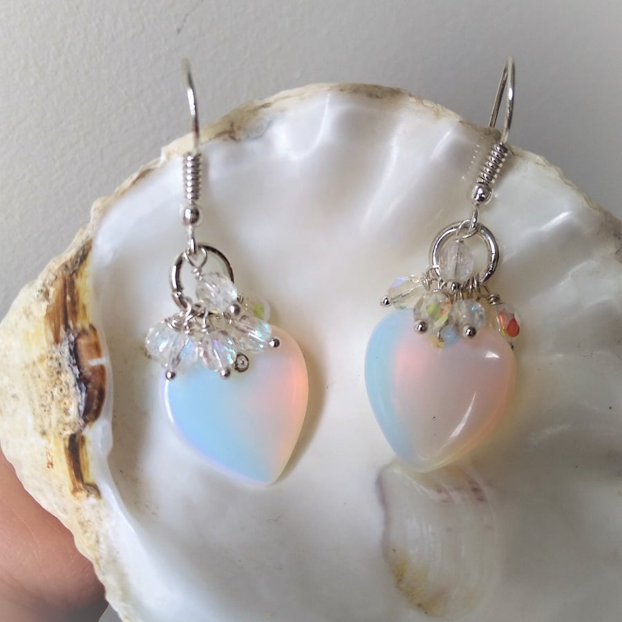 Crystal Opalite Heart Silver Earrings, Colour Change Crystal White Heart Earring