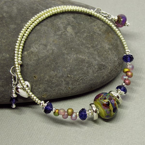 Mauve Rustic Lampwork Glass Bead Silver Memory Wire Bracelet