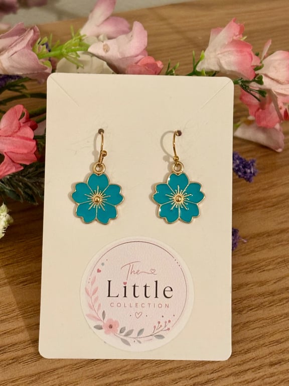 Turquoise Cherry Blossom Dangle Earrings, Sakura Charms, Handmade Jewellery