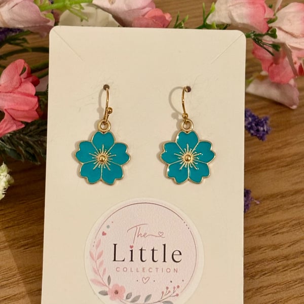 Turquoise Cherry Blossom Dangle Earrings, Sakura Charms, Handmade Jewellery