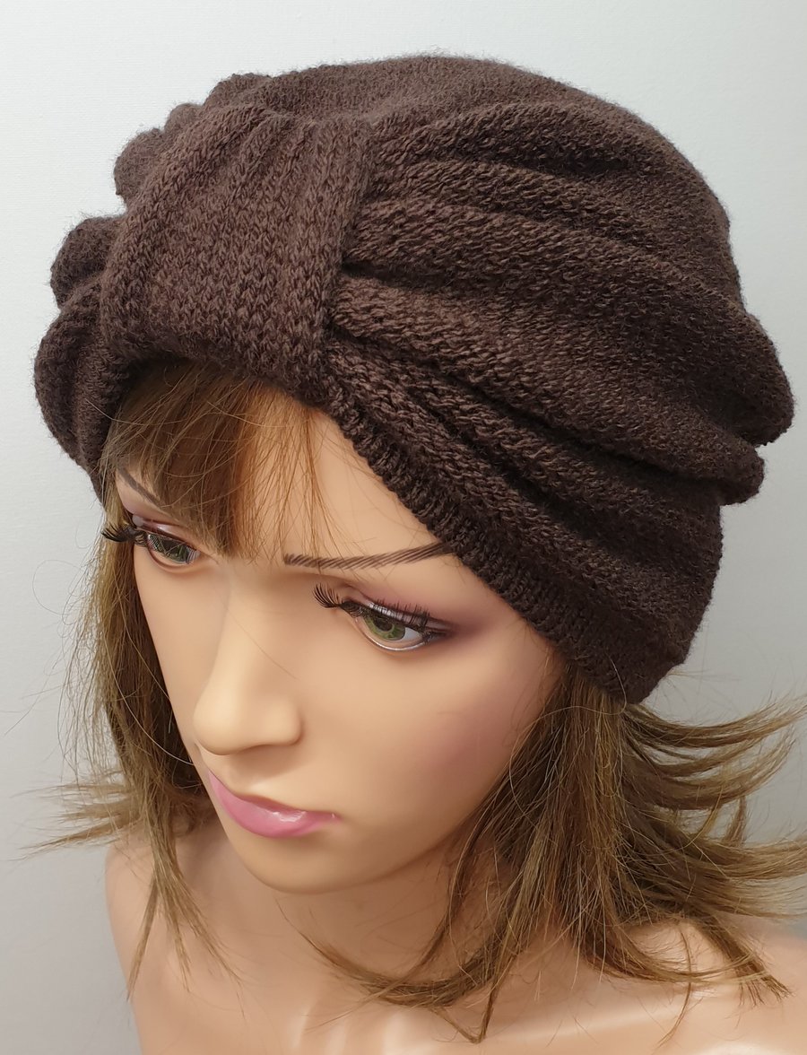 Chocolate brown women turban hat.