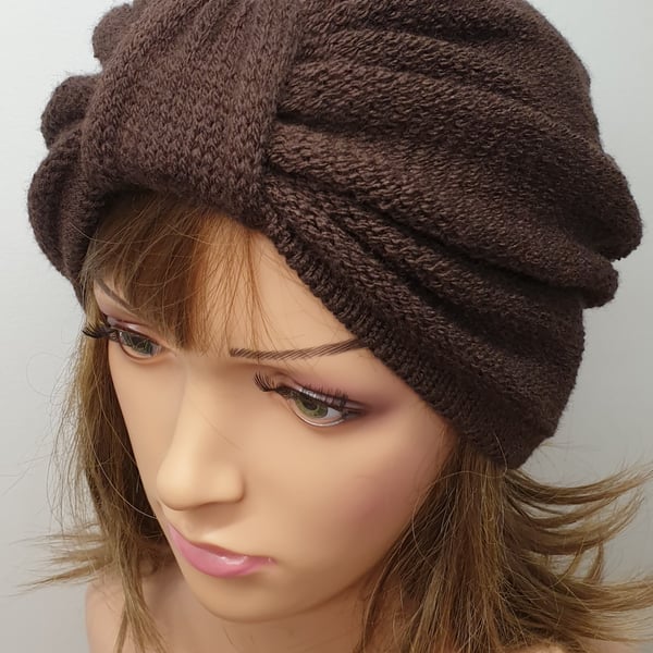 Chocolate brown women turban hat.