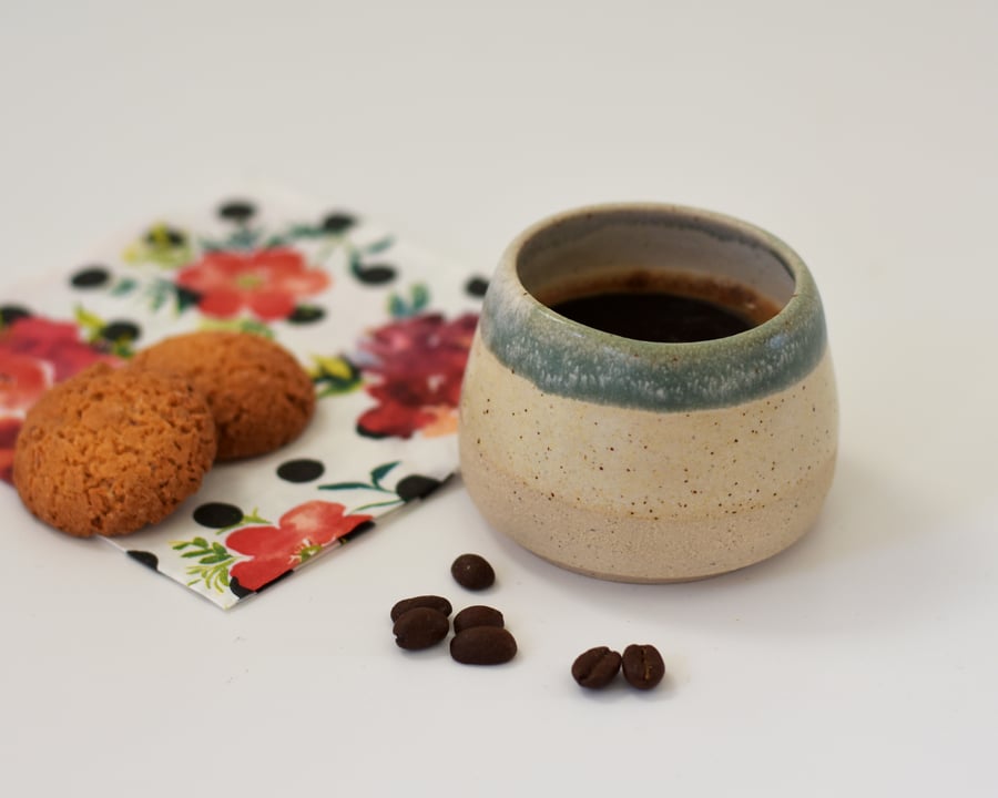 Small green and cream espresso cup, handmade ceramic coffee cup