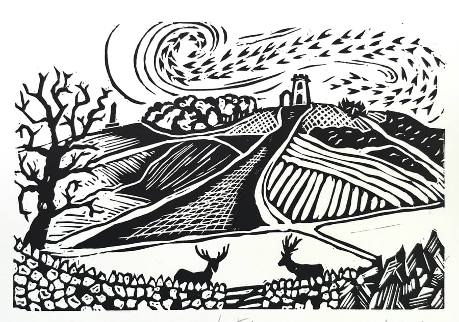 Bradgate Park Lino Print- B&W