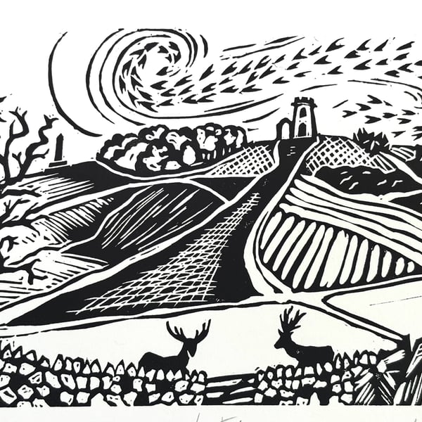 Bradgate Park Lino Print- B&W