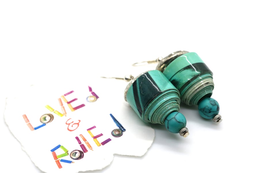 Ocean blue & black paper beaded exotic earrings with intricate top silvery bead