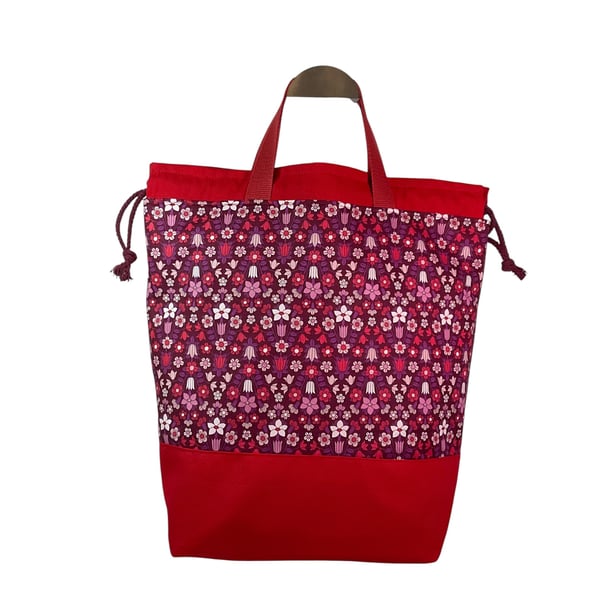 Liberty fabric Extra Large drawstring knitting bag with floral print, multi pock
