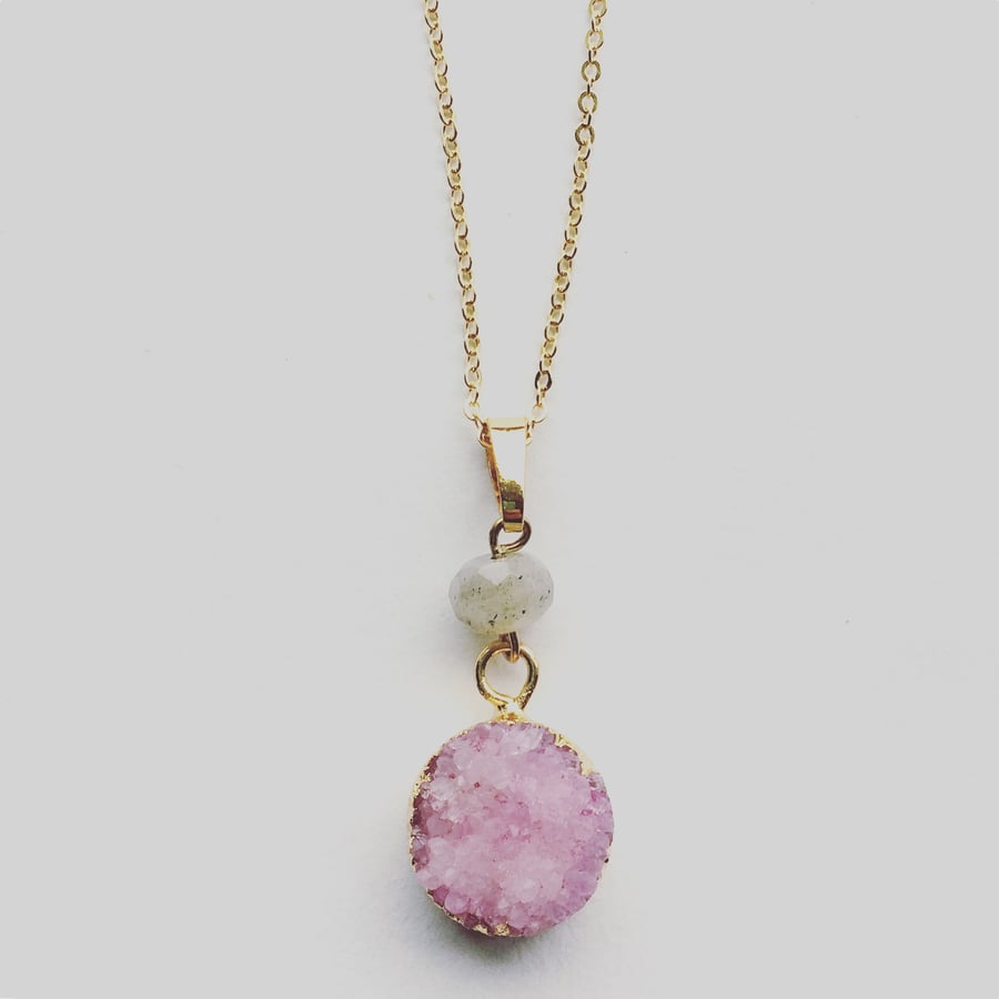 Dita Pink druzy and Labradorite Gold Vermeil Necklace