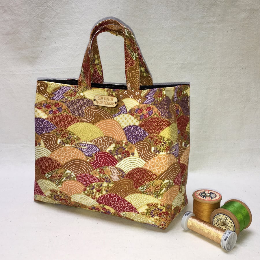 Gold Gilded Japanese Red and Yellow Patchwork Waves Fabric Mini Mini Tote Bag