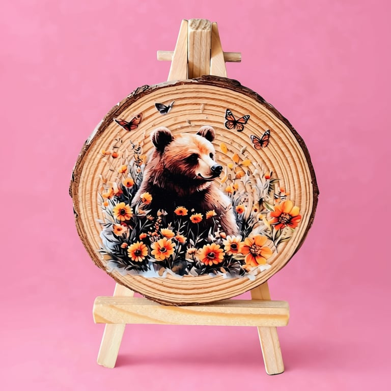Bear Wood Slice Ornament with Easel Stand - Rustic Woodland Home Décor