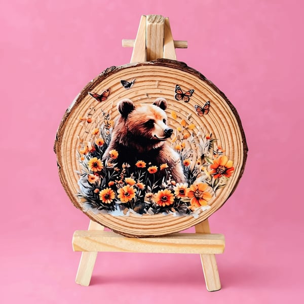 Bear Wood Slice Ornament with Easel Stand - Rustic Woodland Home Décor