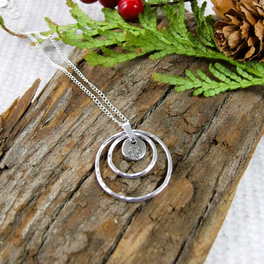 Circles Necklace. Recycled Sterling Silver Pebble with Daffodil & Rings
