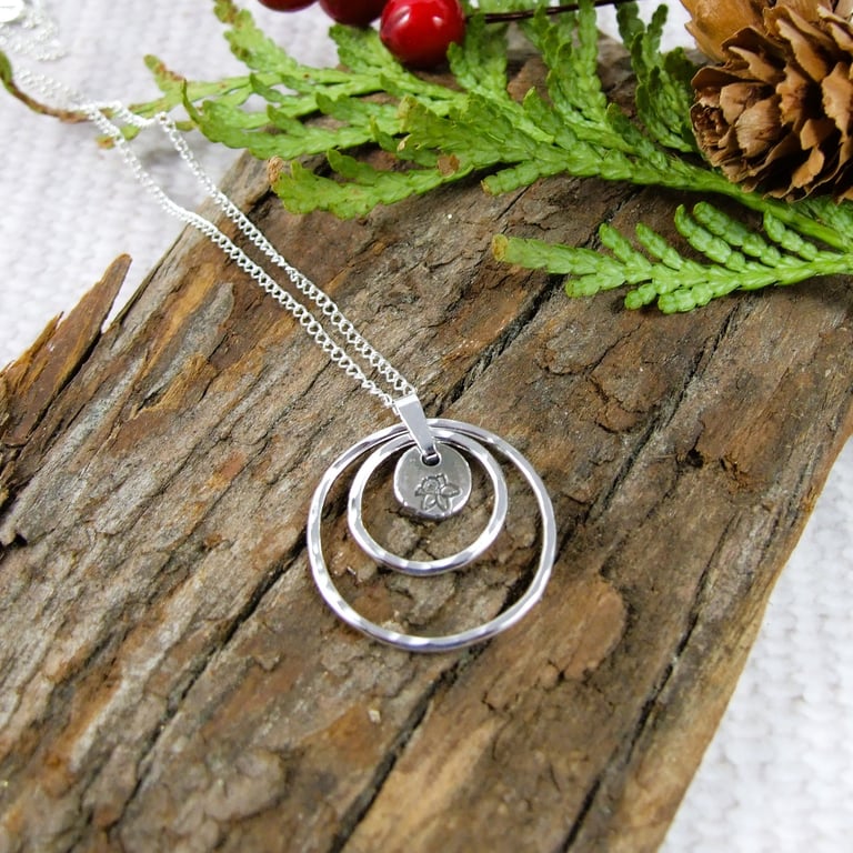 Circles Necklace. Recycled Sterling Silver Pebble with Daffodil & Rings
