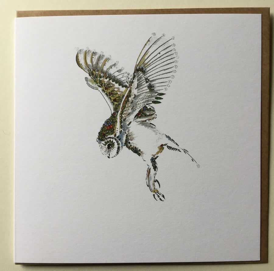 Flying Barn Owl festive card 