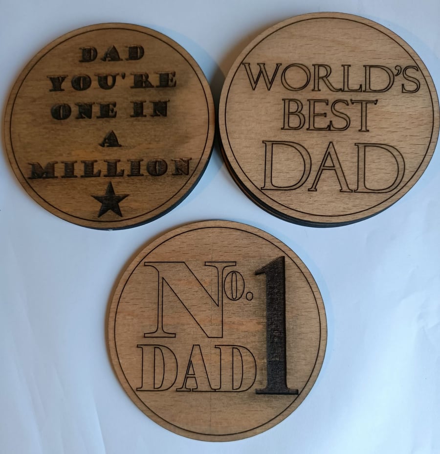Engraved Dad Coasters  Wooden, laser cut.  