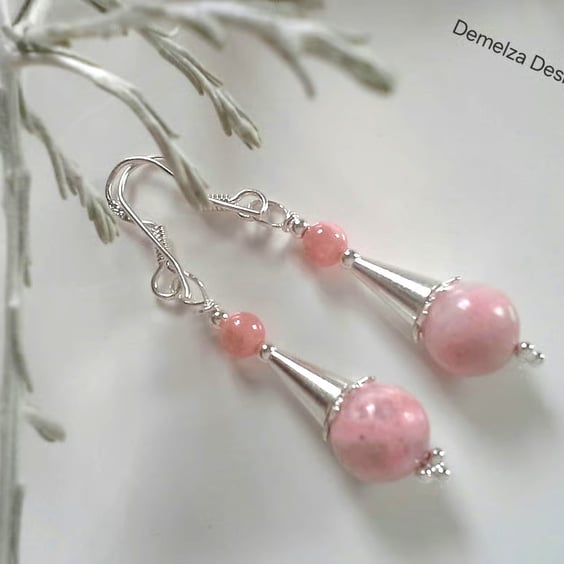 Rare Quality Rhodochrosite Hand Made Sterling Silver Earrings